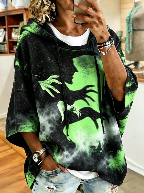 Ladies' Casual Witch Print Hooded Top