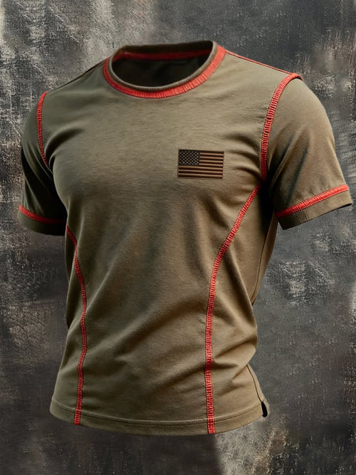 Men'S Retro Color-Block Short-Sleeve T-Shirt With Line Splicing
