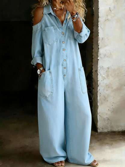 Women's Casual Off-shoulder Denim Jumpsuit