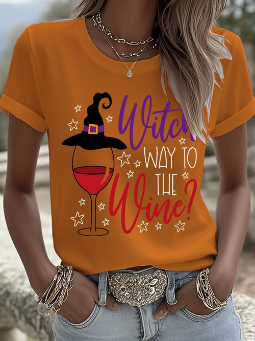🔥HOT SALE🔥Women's Witch Way To The Wine Printed Round Neck T-Shirt