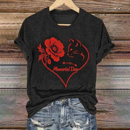 Women's Memorial Day Poppy Cat Art Printed T-Shirt