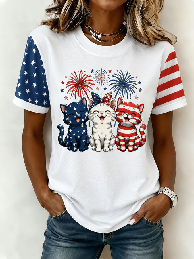 Women's American 250 Flag Kittens Printed Casual T-shirt