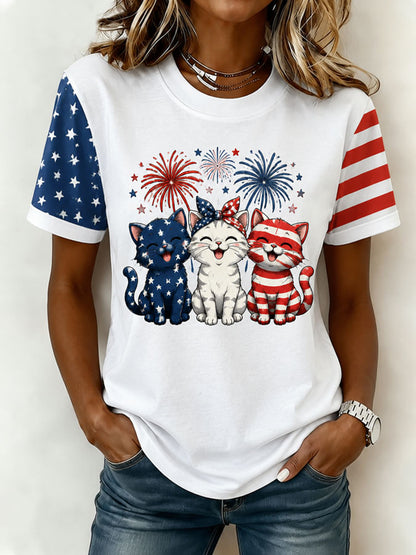 Women's American 250 Flag Kittens Printed Casual T-shirt