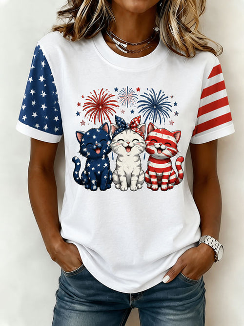 Women's American 250 Flag Kittens Printed Casual T-shirt