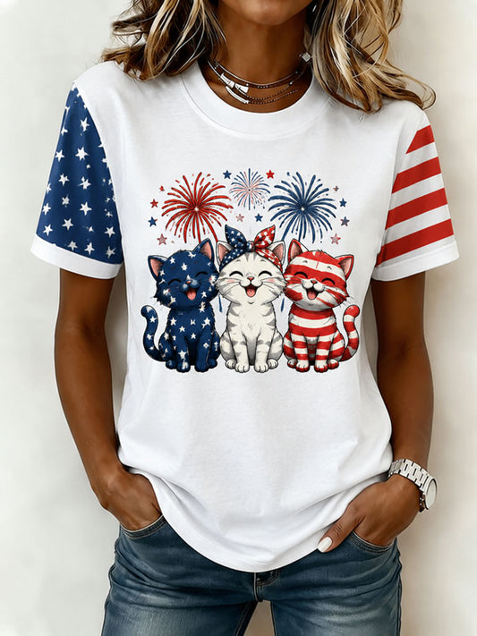 Women's American 250 Flag Kittens Printed Casual T-shirt