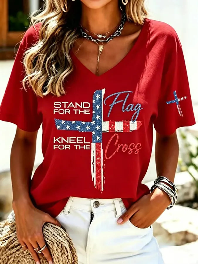 Women's Stand For Flag Kneel For The Cross Printed Short-Sleeve T-Shirt