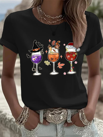 🔥HOT SALE🔥Women's Halloween Wine Glass Print Casual T-shirt