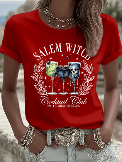 🔥HOT SALE🔥Women's Halloween Salem Witch Cocktail Club Spellbinding Cocktails Print Crew Neck T-Shirt
