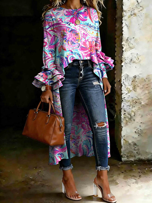 Women's Colorful Paisley Floral Print Casual Ruffles Cotton Shirt