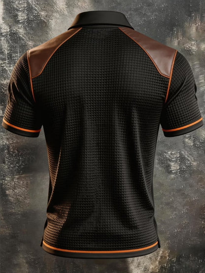 Men's Retro Knitted Polo Shirt with 3D Square Grid Pattern and Leather Paneling