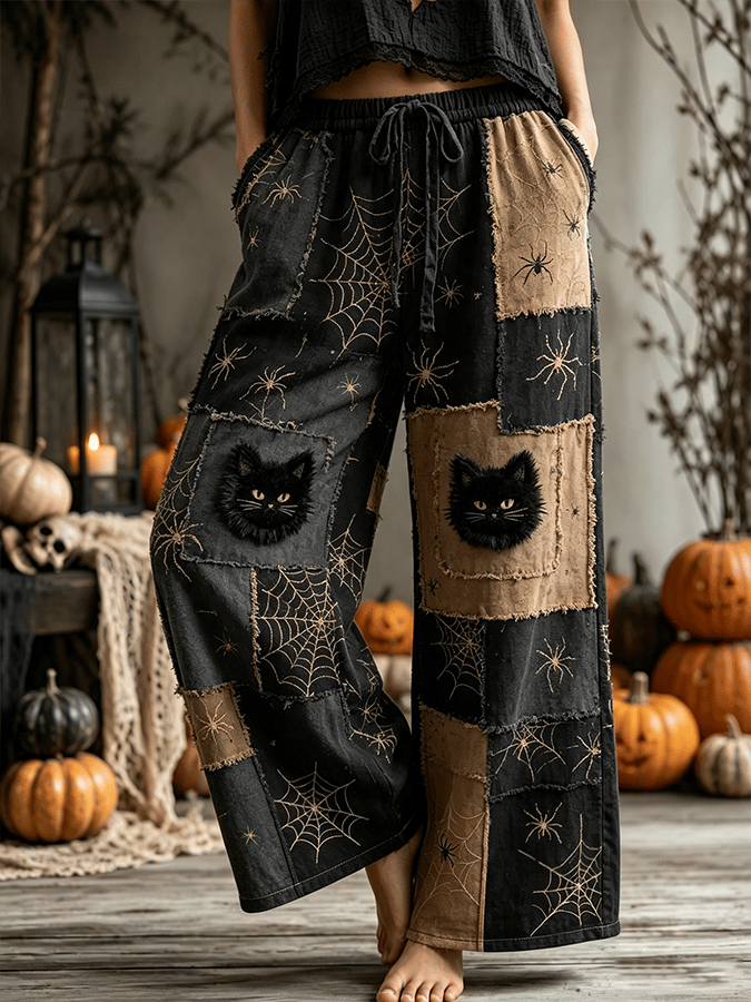 Women's Halloween Black Cat Comfortable Cotton Linen Wide-Leg Pants