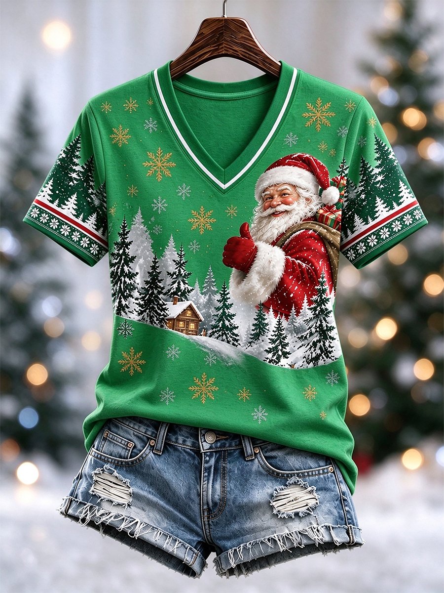Women's Casual Christmas V-Neck Short-Sleeve T-Shirt
