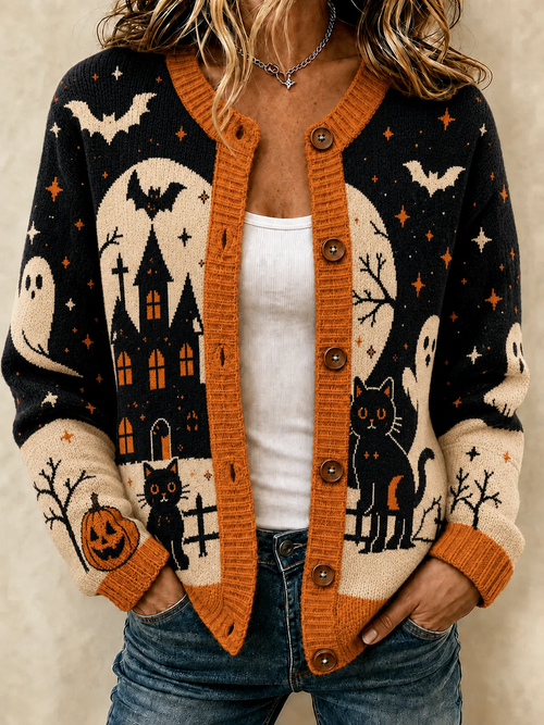 Women'S Casual Halloween Color Blocked Round Neck Cardigan