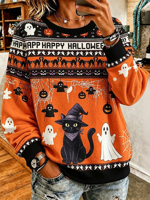 Women's Casual Long-Sleeve Sweatshirt with Black Cat Print