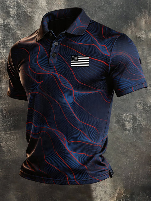 Men's Retro Patriotic Color-Block Short-Sleeve Polo Shirt