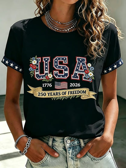 Women's 250 Years Of Freedom Flower Art Print T-shirt