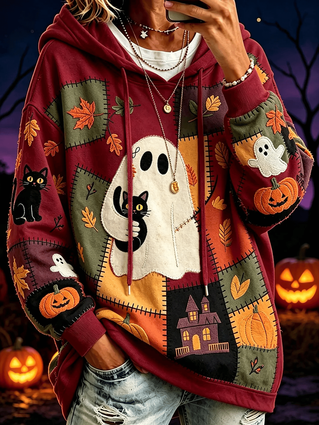 Women's Ghost Cat Print Hoodie