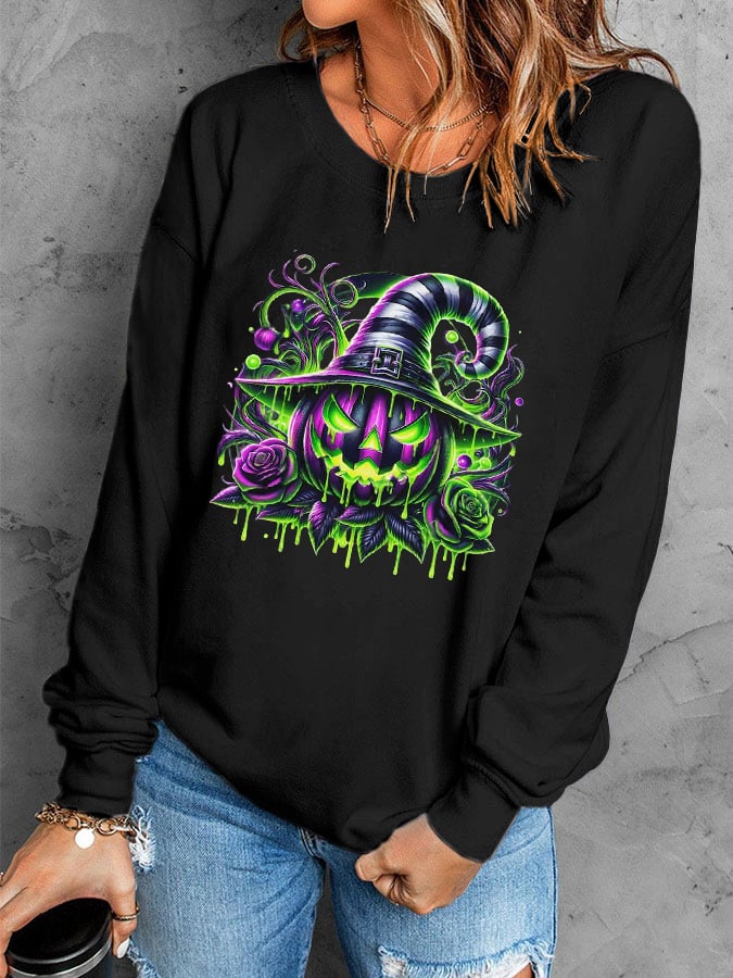 Women's Halloween Pumpkin Face Luminous Printed Casual Sweatshirt