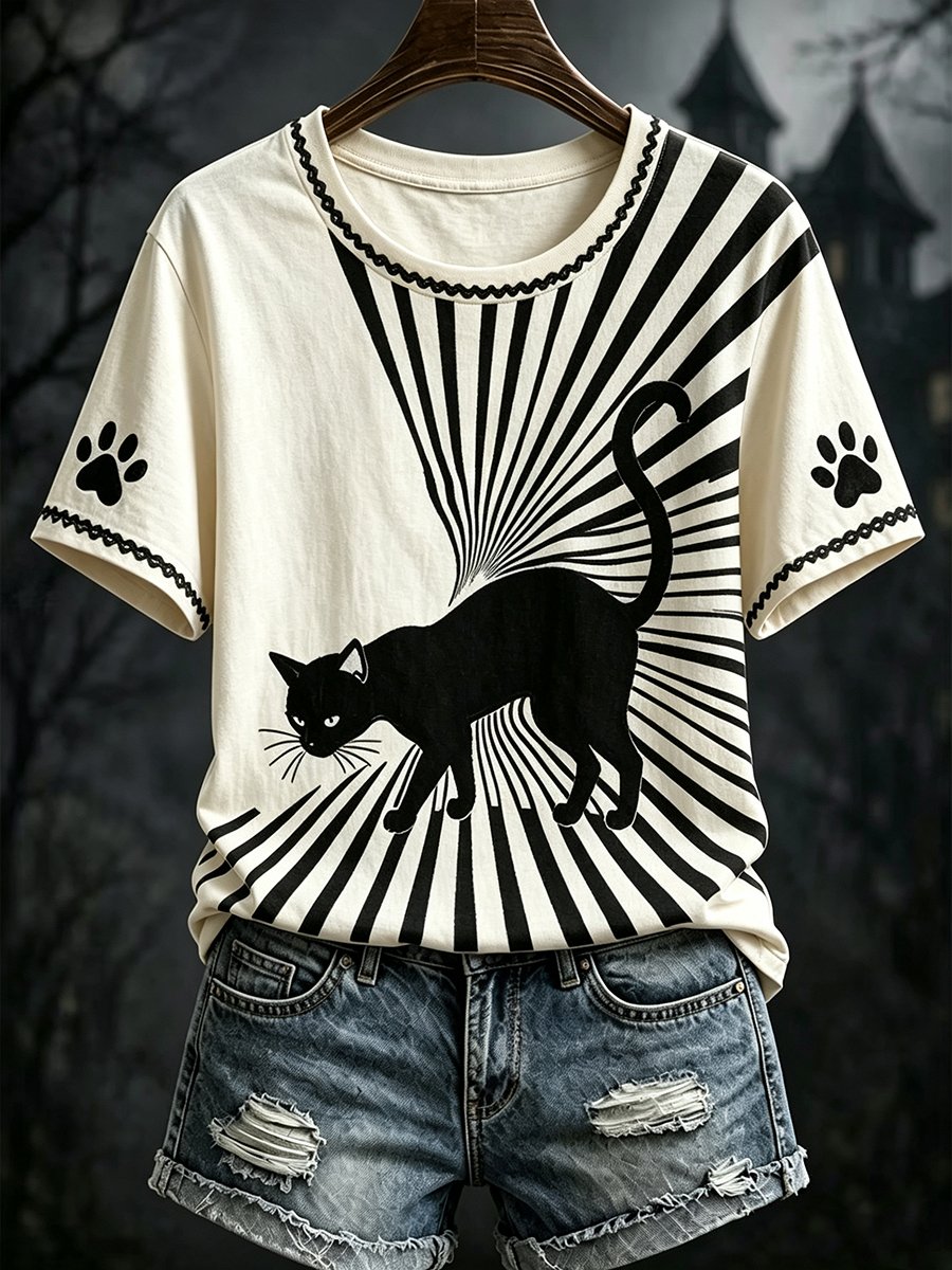 Women's Dark-Style Halloween Black Cat Print Short-Sleeve T-Shirt