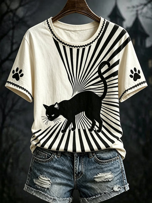 Women's Dark-Style Halloween Black Cat Print Short-Sleeve T-Shirt
