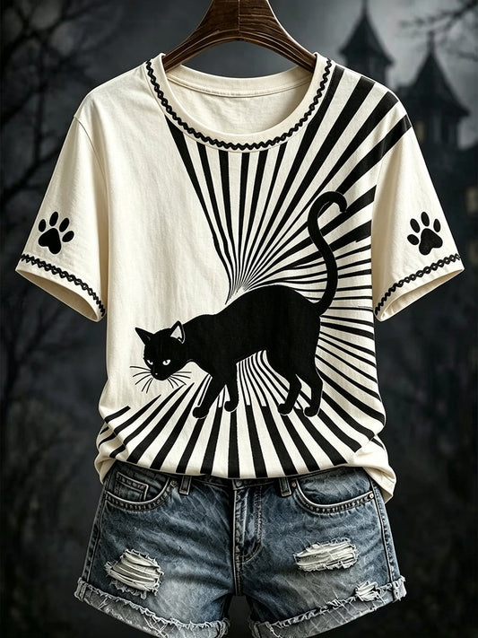 Women's Dark-Style Halloween Black Cat Print Short-Sleeve T-Shirt