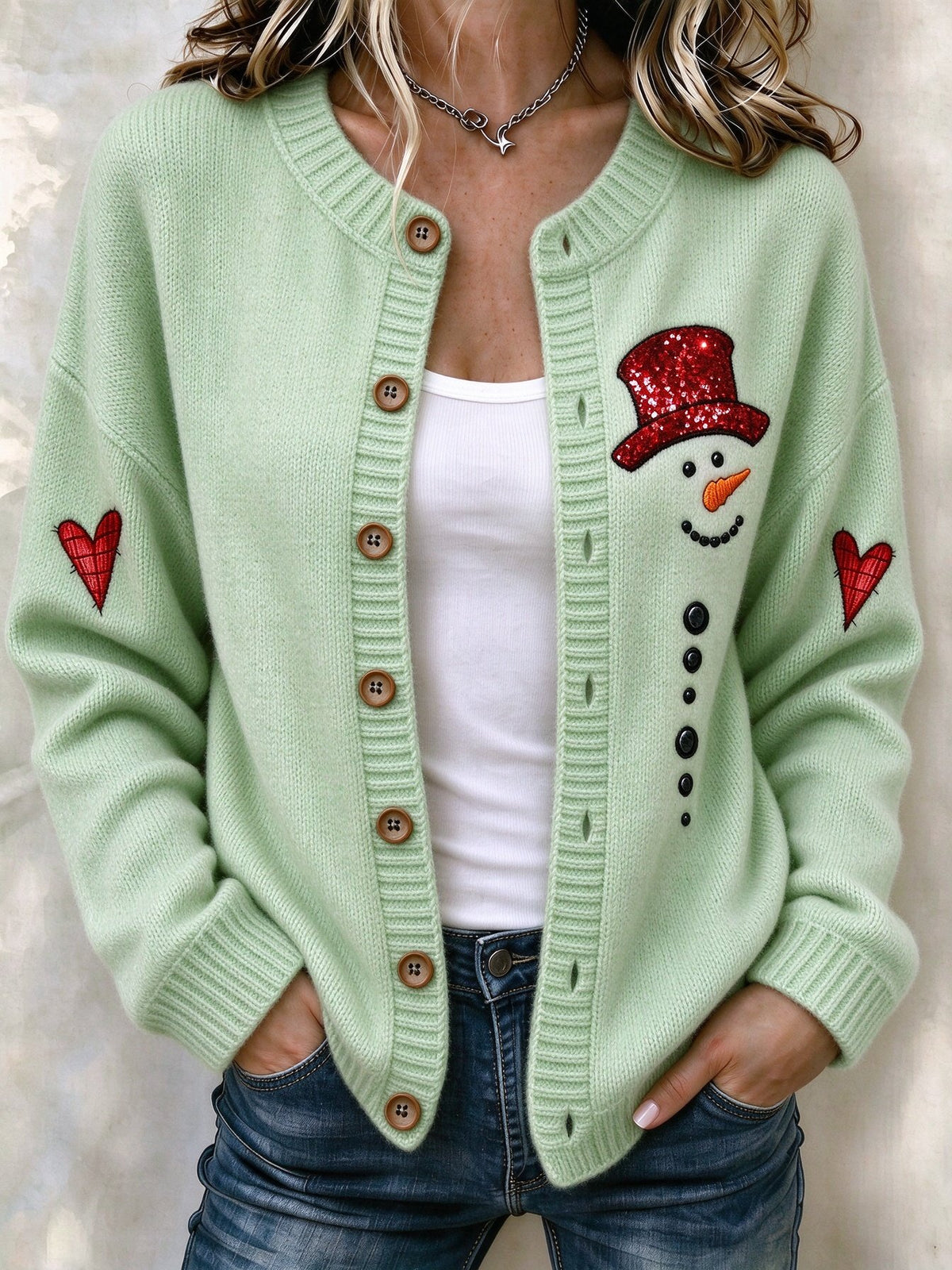 Women's Christmas Snowman Print Knit Cardigan