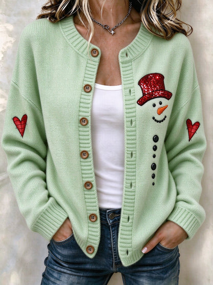 Women's Christmas Snowman Print Knit Cardigan
