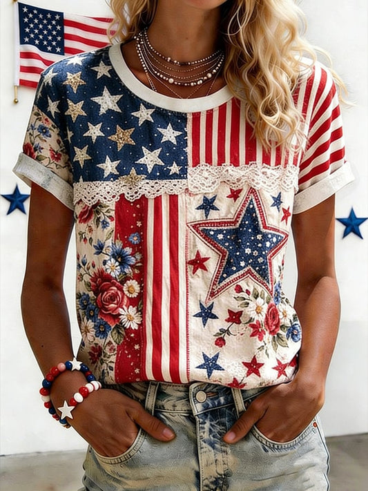 Women's USA 250 Years Inspired Floral Linen T-Shirt