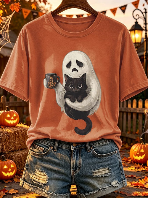 Retro Halloween Is He Dead Yet Ghost Black Cat Coffee Print T-Shirt