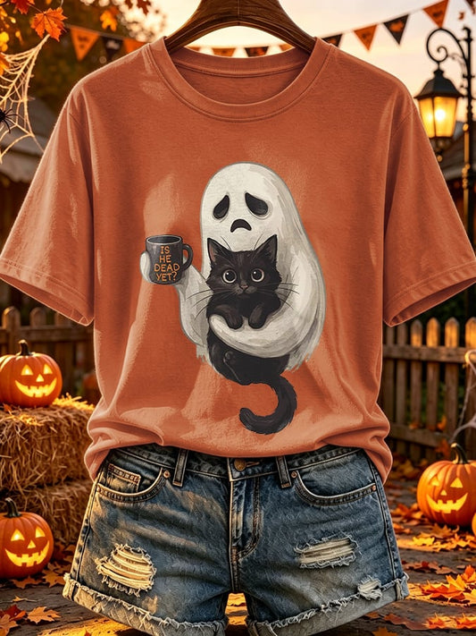 Retro Halloween Is He Dead Yet Ghost Black Cat Coffee Print T-Shirt