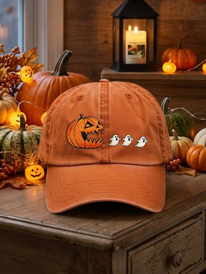 Retro Halloween Pumpkin Eat Ghost Print Baseball Cap