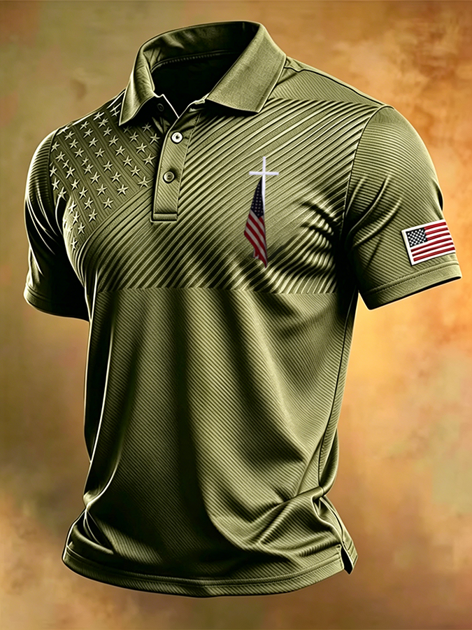 Men'S Retro National Flag And Cross  Print Casual Polo Shirt