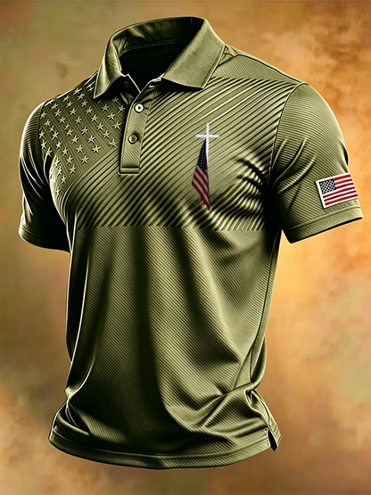 Men'S Retro National Flag And Cross  Print Casual Polo Shirt
