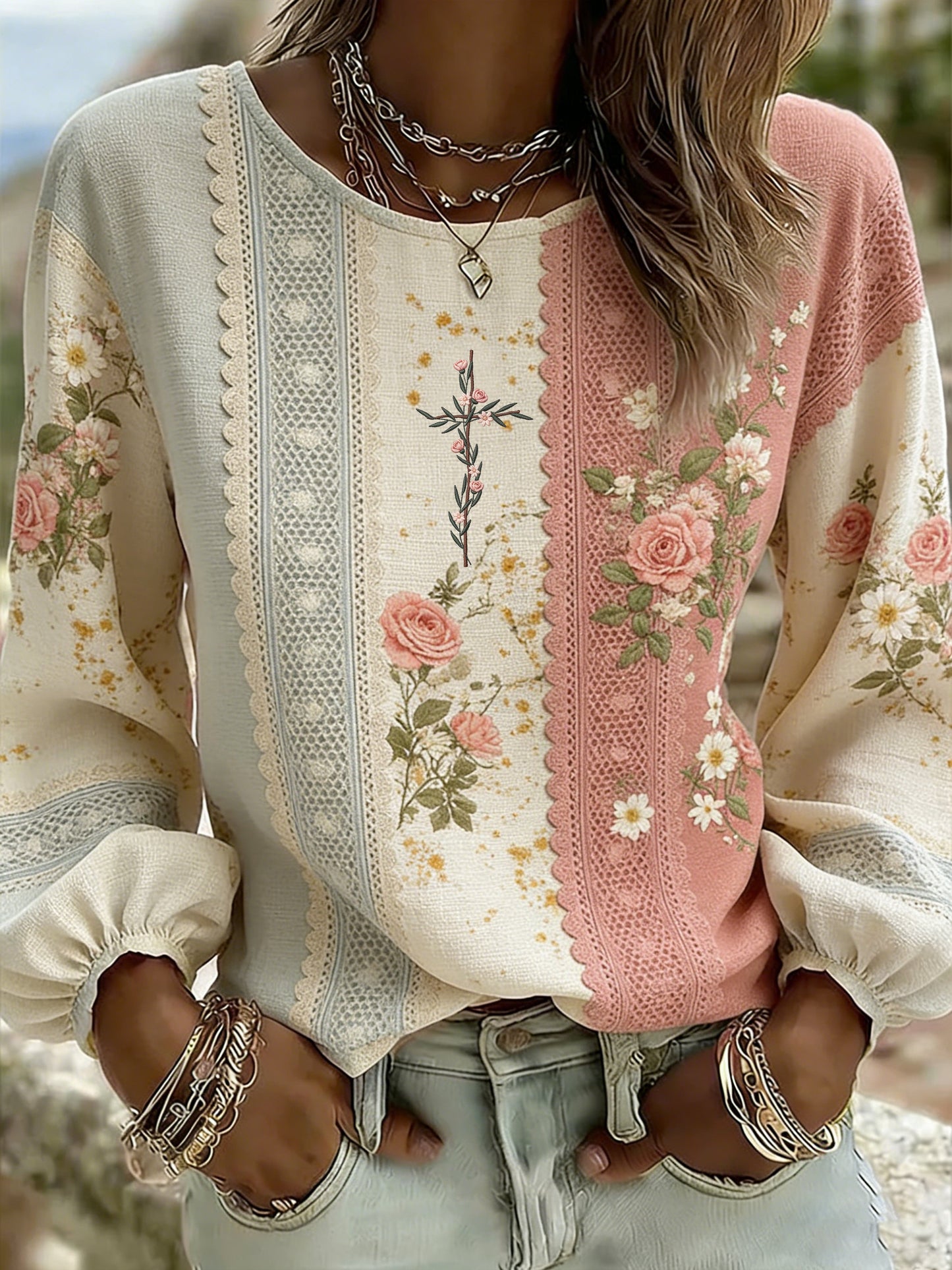 Women's Retro Floral Print Crew Neck Top