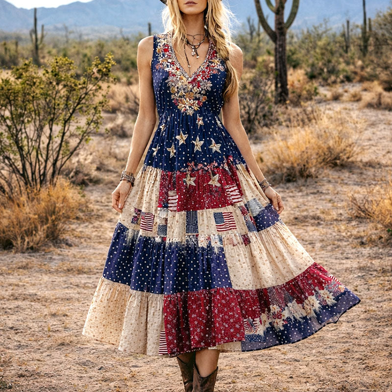 Women's Americana Flag Patchwork Boho Art Print Casual Dress