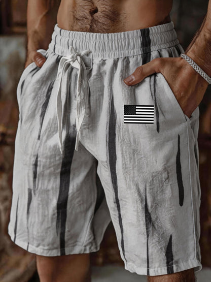 Men's Casual Vacation Cotton-Linen Color-Block "Patriot" Drawstring Shorts