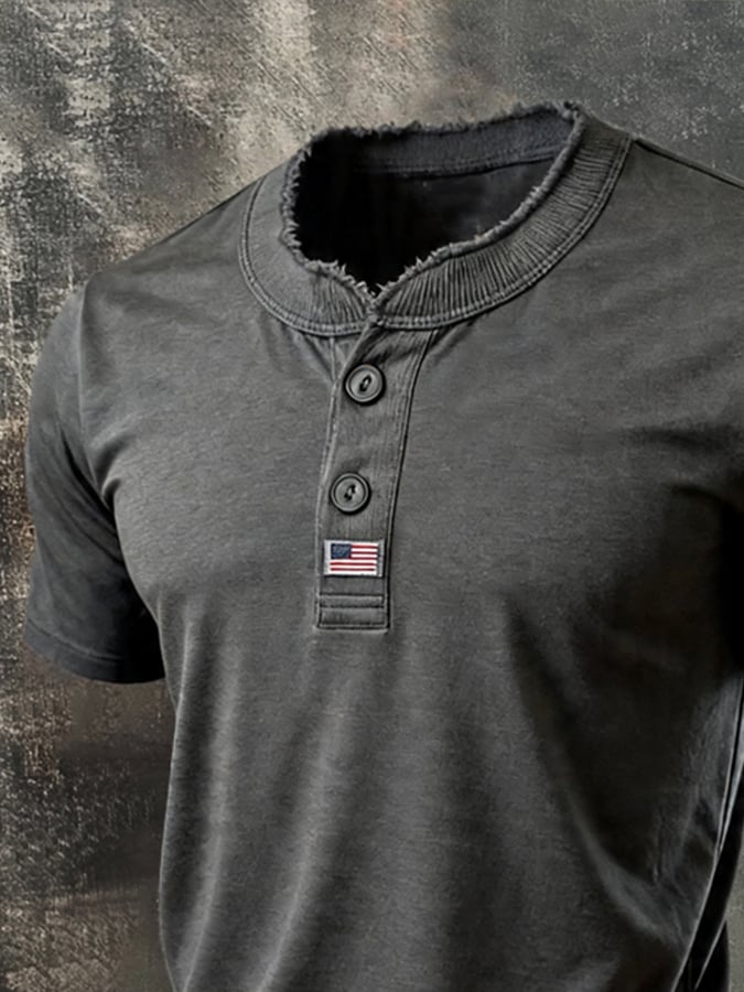 Men's Vintage Patriotic Short-Sleeve Henley T-Shirt
