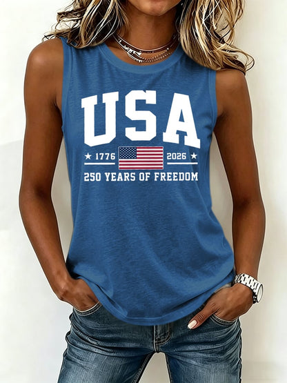 Women's Retro Flag Print Crew Neck Tank Top