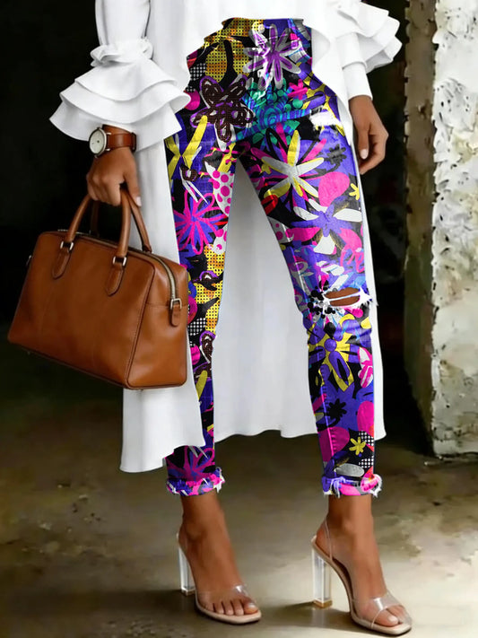 Women's Vintage Multicolor Floral Print Casual High-waisted Ripped Skinny Jeans