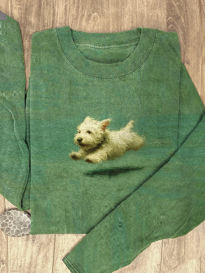 Funny Retro Cute Running Dog Art Print Casaul Cotton Long Sleeve Shirt