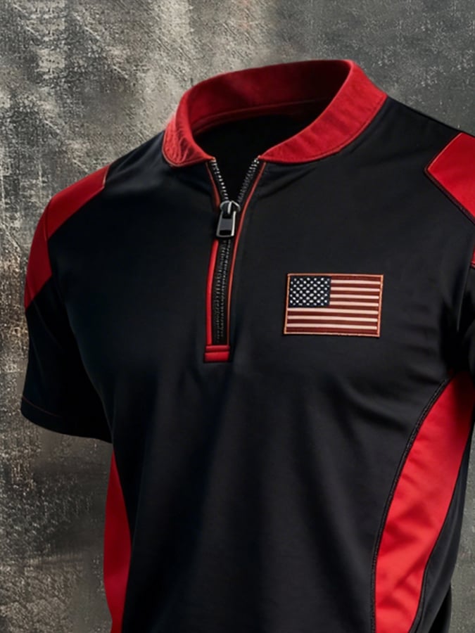 Men's Retro Color-Block Zip-Up T-Shirt