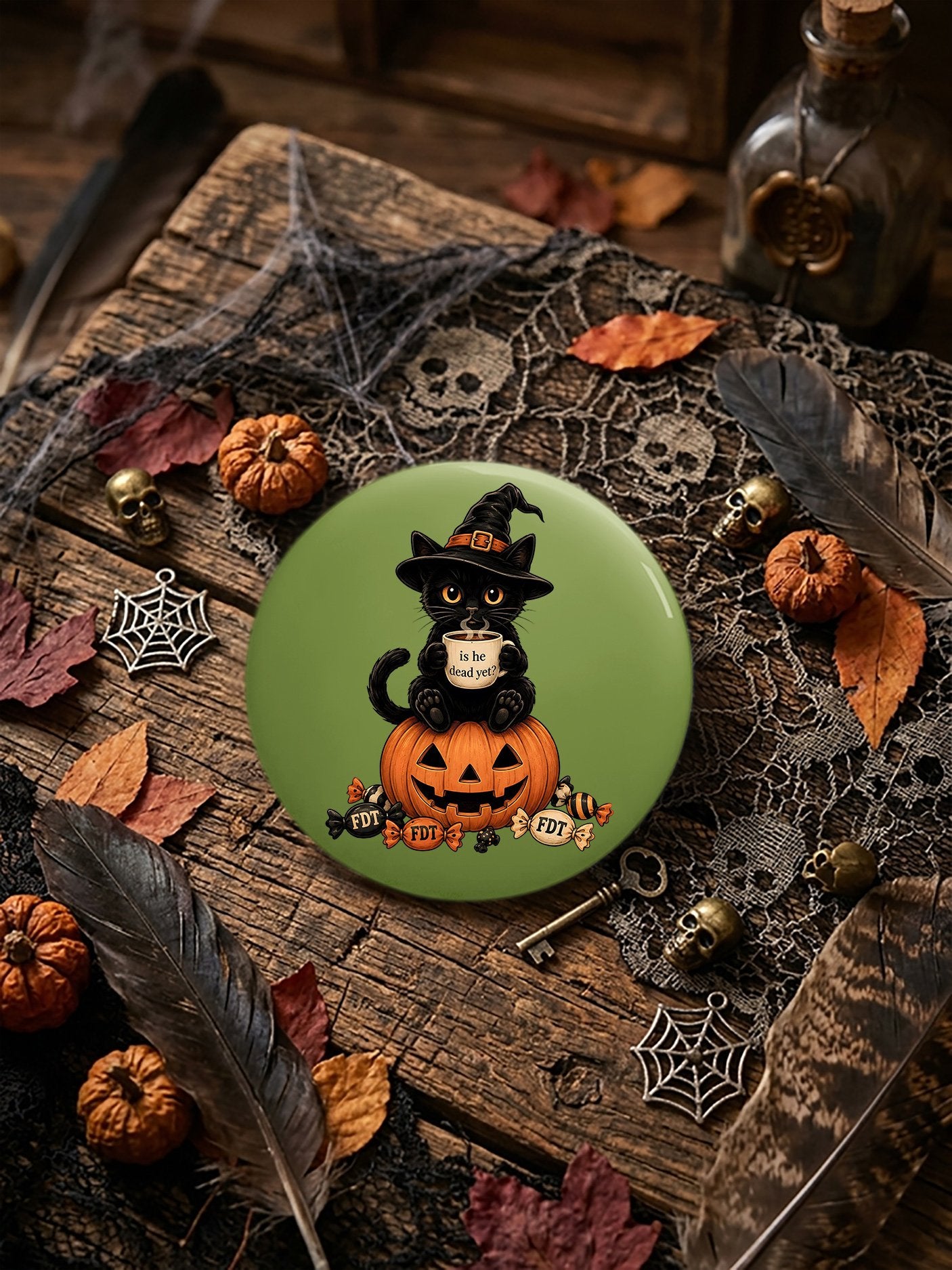 Unisex Retro Halloween Is He Dead Yet Ghost Cat Pin-Back Button