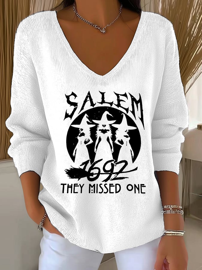 🔥HOT SALE🔥Women's 1692 Salem They Missed One Print V Neck Sweater