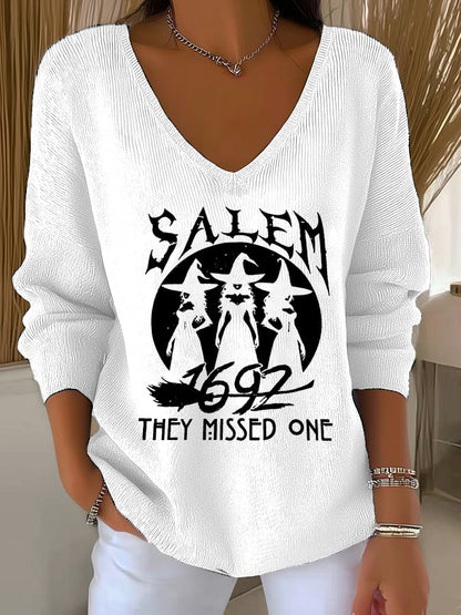 🔥HOT SALE🔥Women's 1692 Salem They Missed One Print V Neck Sweater