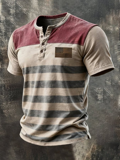Men's Retro Patriotic Color-Block Short-Sleeve Henley T-Shirt
