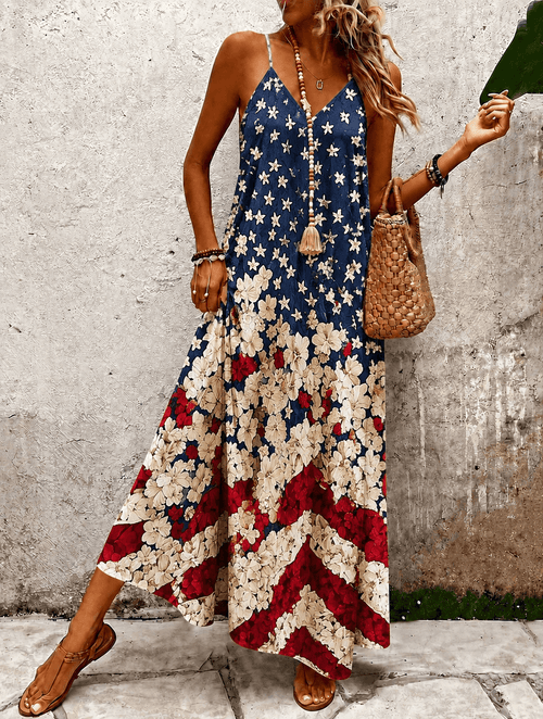 Sling 250th Anniversary Color-Blocked Rose Print Pocket Maxi Dress