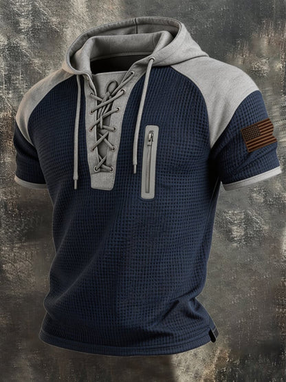 Men's Retro Color-Block T-Shirt with Tie Collar and Zipper Pocket