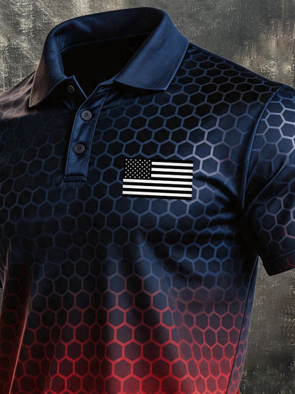 Men's Retro Patriotic Color-Block Short-Sleeve Polo Shirt