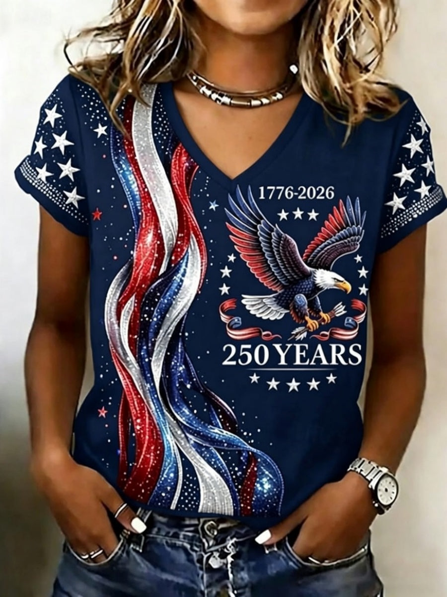 🔥Buy 3 Get 10% Off🔥Retro 250th Anniversary Glitter Design Women's V Neck T-Shirt