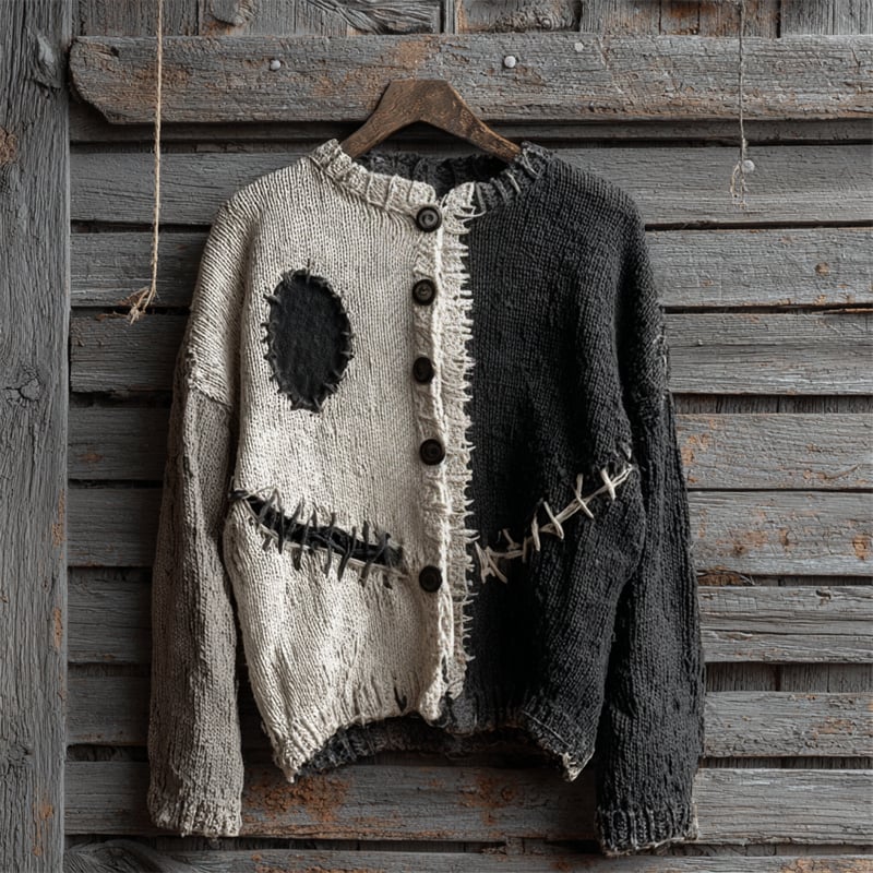 Women's Halloween Pumpkin Face Plaid  Cozy Knit Cardigan